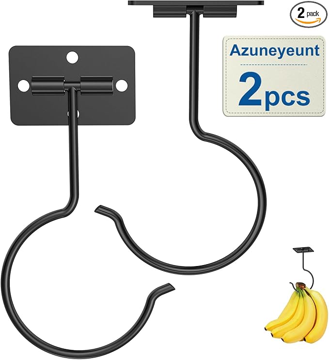 2 Pack Space-Saving Banana Hooks, Foldable Magnetic Under Cabinet Banana Hanger with Heavy-Duty Adhesive & Screw-in Mounts, Supports up to 13 lbs, Black Banana Holders
