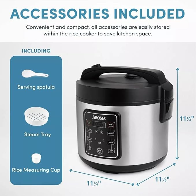 Aromas 20-Cup Digital Rice Cooker and Multi Cooker, Stainless Steel, Programmable Rice Cooker with Steamer, Slow Cook and Keep Warm Functions, 700W Kitchen Appliance