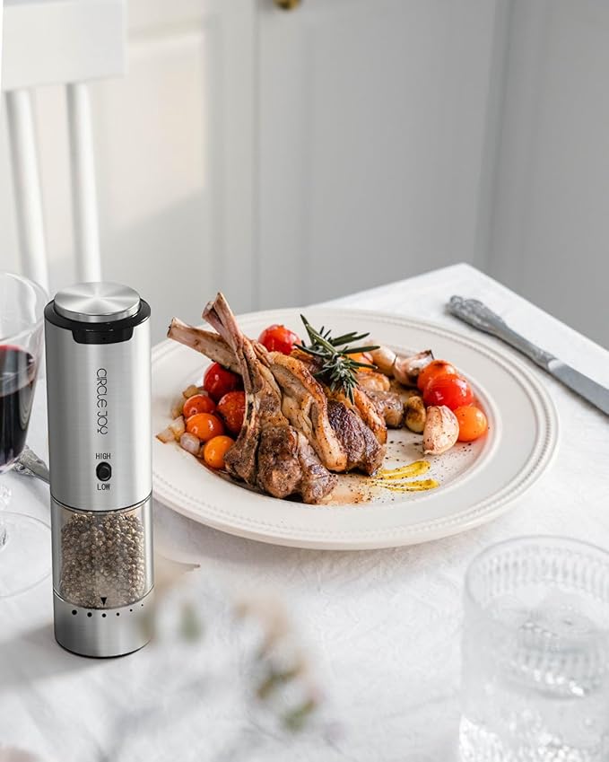 CIRCLE JOY Rechargeable Salt and Pepper Grinder Set Stainless Steel Electric Pepper Grinders with Variable Grinding Speed, External Adjustable Coarseness, Charging Base and White LED Light, Silver