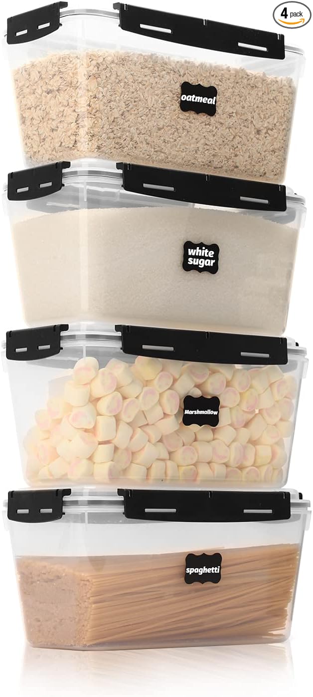 CASA LINGO Pantry Organization and Storage, Pasta Containers for Pantry Kitchen, Set of 4 Plastic Airtight Food Storage Containers with Lid for Bulk Food Dry Food Cereal 4L