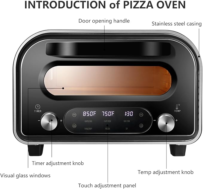 Electric Pizza Oven Indoor 1700W Countertop Pizza Maker Fast Heating up to 850°F Touchscreen 6 Preset Modes Adjustable Timer & Temp Knobs Used for Commercial & Home Kitchen in Black