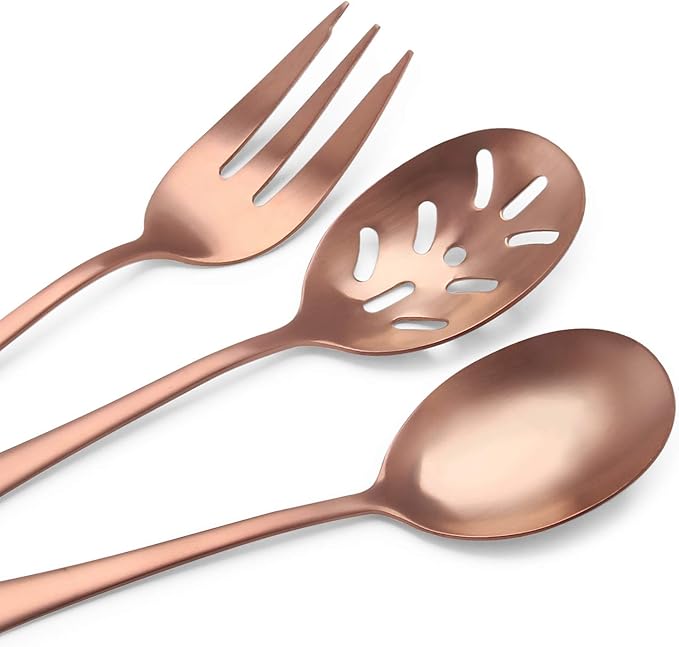 Matte Rose Gold Serving Set，SHARECOOK 5-Piece 18/0 Stainless Steel Large Hostess Set with Round Edge, Satin Finished, Dishwasher Safe -Spoons, Forks,Butter Knife& Slotted Spoon