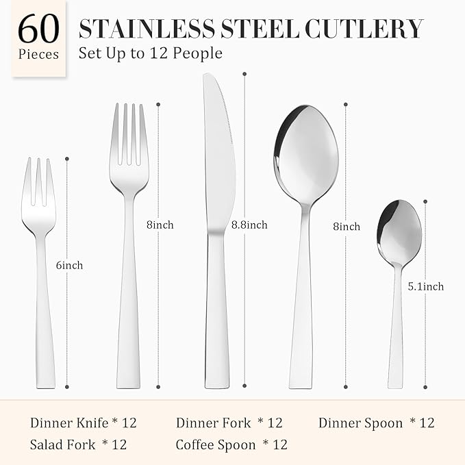 Silverware Set, Heavy Duty Mirror Polished Stainless Steel Flatware Set Modern Kitchen Utensils Set Rust-Proof Dishwasher Safe Knife Spoon Fork for Wedding Housewarming (60-Piece)