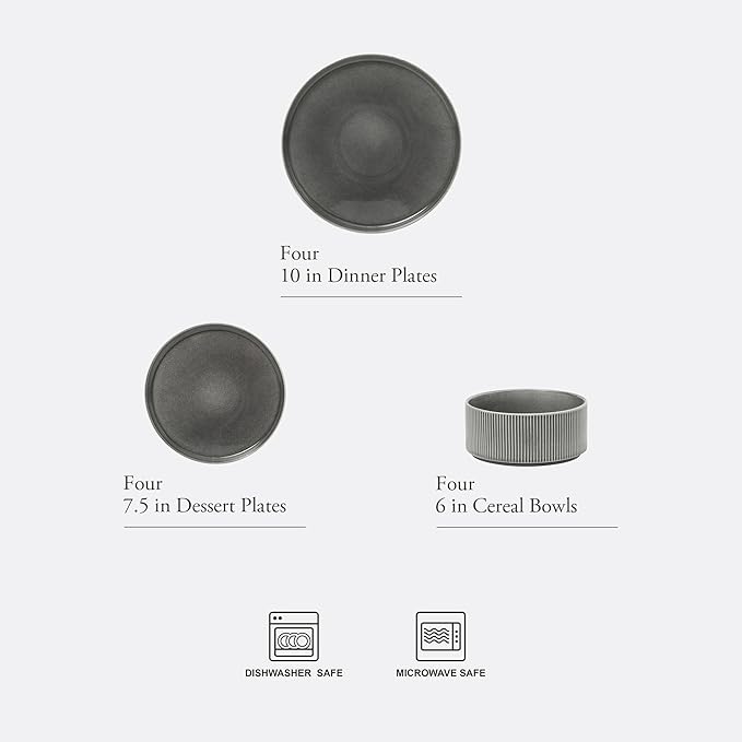 Gibson Elite Solana Coast 12 Piece Stoneware Reactive Glaze (Service for 4) Ceramic Plates and Bowls Modern Shape Embossed Dinnerware Set - Black