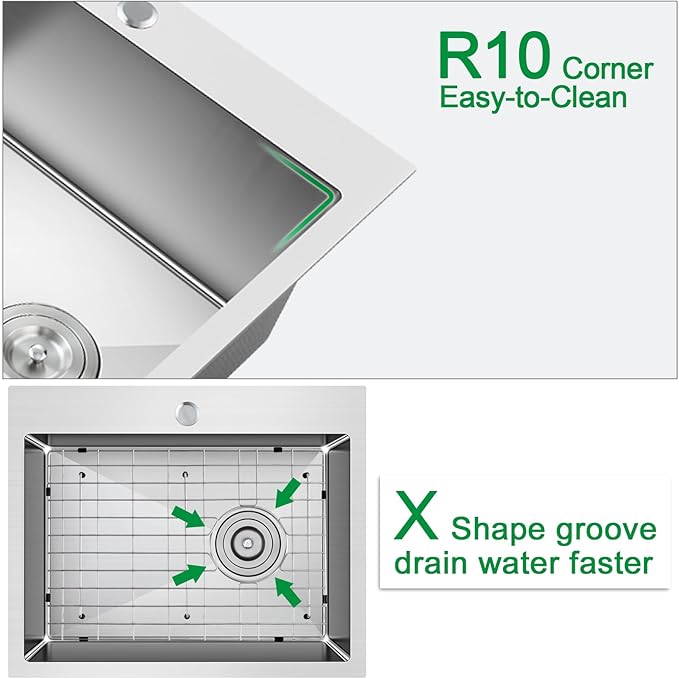 25x18 Inch Kitchen Sink, Commercial Grade 304 Steel Kitchen Sink, Centre-Offset Drain, 9" Deep Single Bowl Kitchen Sinks, Brushed(Inclued Bottom Grid & Drain Strainer)