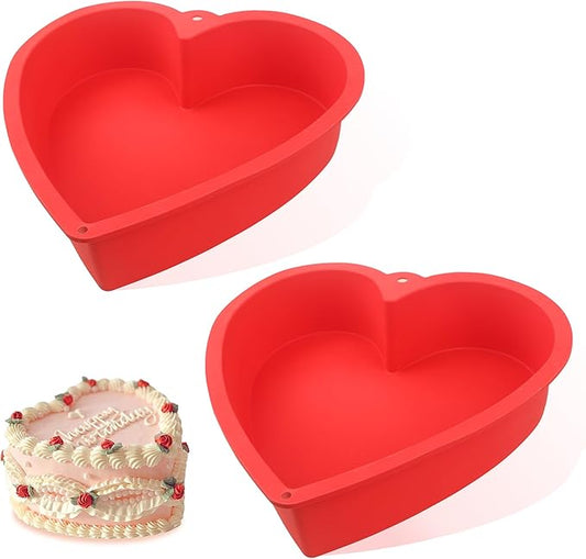 MILIVIXAY 2PCS Heart Shaped Cake Pans, 10 Inch Cake Mold, Red, Thick Style, Completely Non Stick, Food Grade Silicone, Easy To Store and Wash, Microwave, Freezer and Oven Safe.