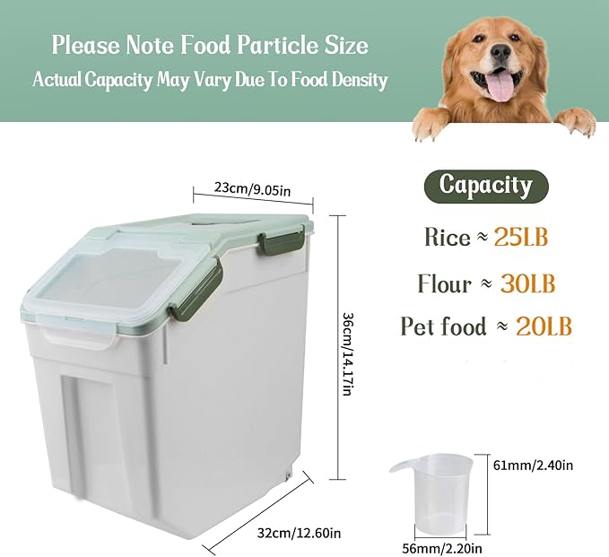 Large Flour Storage Container Bin 25lb, 4Pack Airtight Rice Storage Containers with Wheels Seal Locking Lid, BPA Free with Measuring Cup&Scoop for Flour, Rice, Grain(Green)