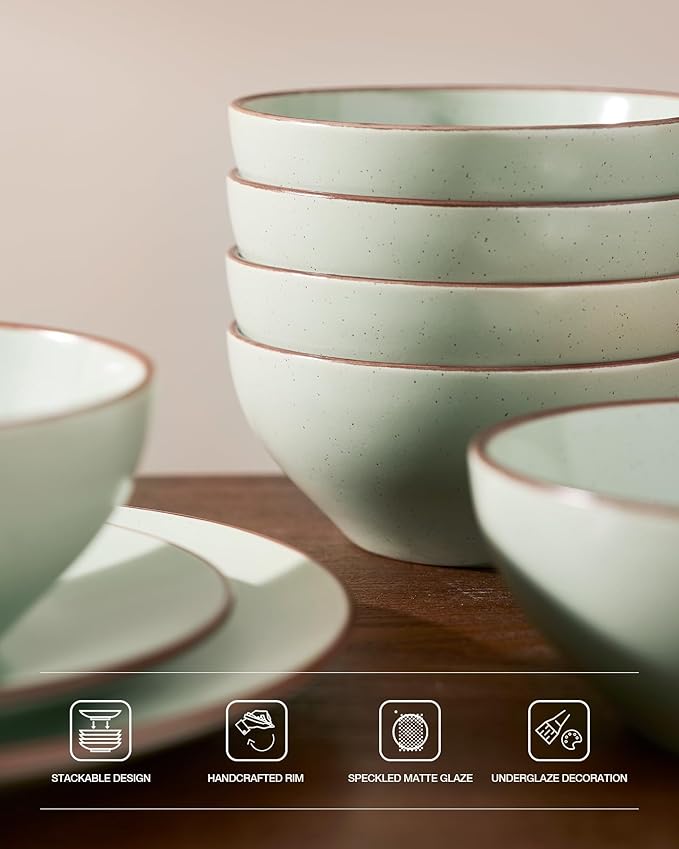 Famiware Venus Ceramic Plates and Bowls Sets, Speckled Dinnerware Dish Sets for 8 (24 Pieces) - Microwave and Dishwasher Safe, Matte Light Green