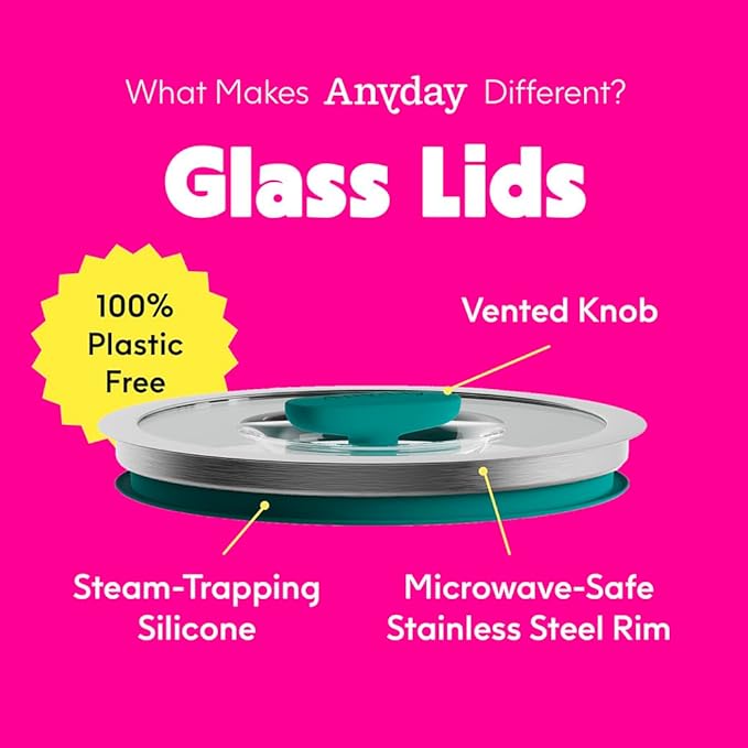 Anyday 4-Cup Microwave Cookware & Glass Container with Glass Lid, Plastic-Free Deep Food Storage | Stackable Airtight Steamer with Vented Lid for Microwave-Safe Reheating, Steaming Vegetables & Rice