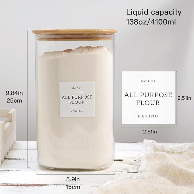 Large glass flour and sugar containers with 132 Kitchen Pantry Labels - 1 Gallon Glass Food Storage Containers with Airtight Lids - Square Glass Jars Rice with Bamboo Lids