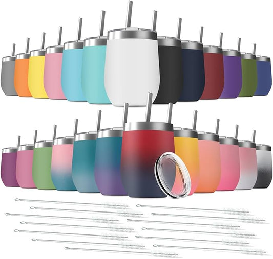 12oz Wine Tumbler with Lid With straw Stainless Steel Wine Tumbler Cups Double Wall Vacuum Insulated Travel Mugs Stemless Cup 25 Pack