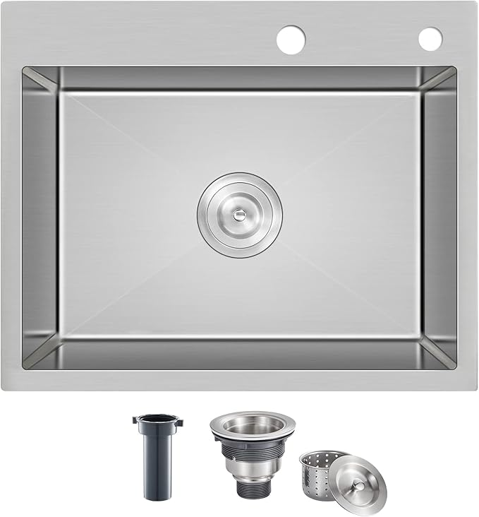 20 inch Drop-in Kitchen Sink Stainless Steel, Topmount Kitchen Sink Single Bowl, 9-inch Deep Handmade Overmount Bar Sink with Strainer
