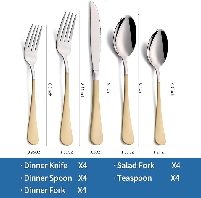 20-Piece Cream Color Silverware Set, 18/0 Stainless Steel Cream Color Handle Flatware Set, Service for 4,Modern Cutlery Set Includes Dinner Knives Forks Spoons,Mirror Polished,Dishwasher Safe