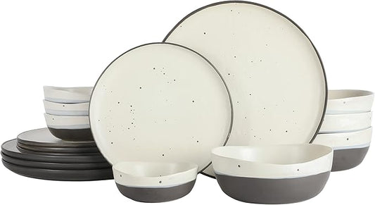 Gibson Elite Rhinebeck 16-Piece Double Bowl Dinnerware Set, Service for 4 – White and Black Stoneware Plates and Bowls