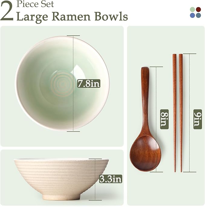 NUTRIUPS 8 Inch Ceramic Ramen Bowl Set of 2 Pho Bowls 40oz Japanese Noodle Udon Soup Bowls with Spoons and Chopsticks (Teal)