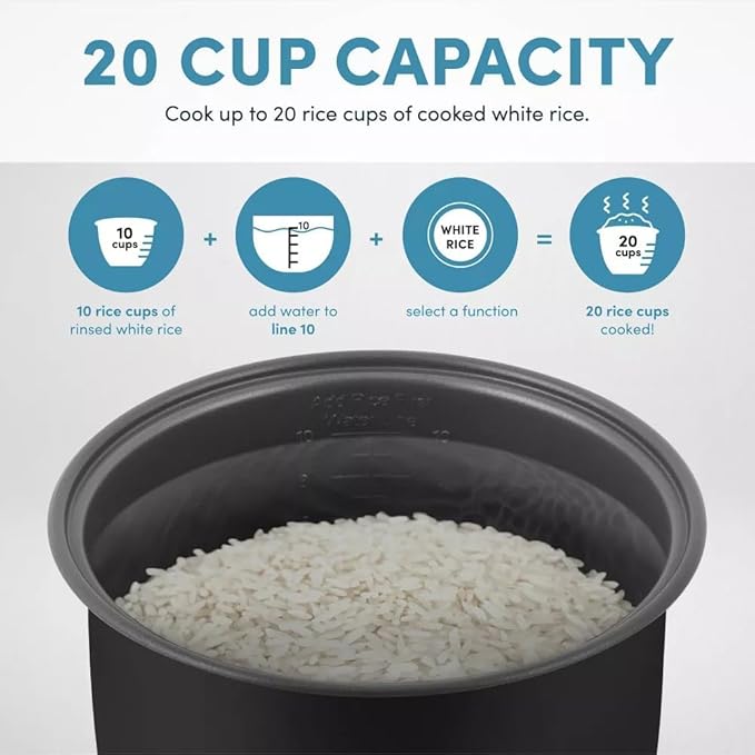 Aromas 20-Cup Digital Rice Cooker and Multi Cooker, Stainless Steel, Programmable Rice Cooker with Steamer, Slow Cook and Keep Warm Functions, 700W Kitchen Appliance