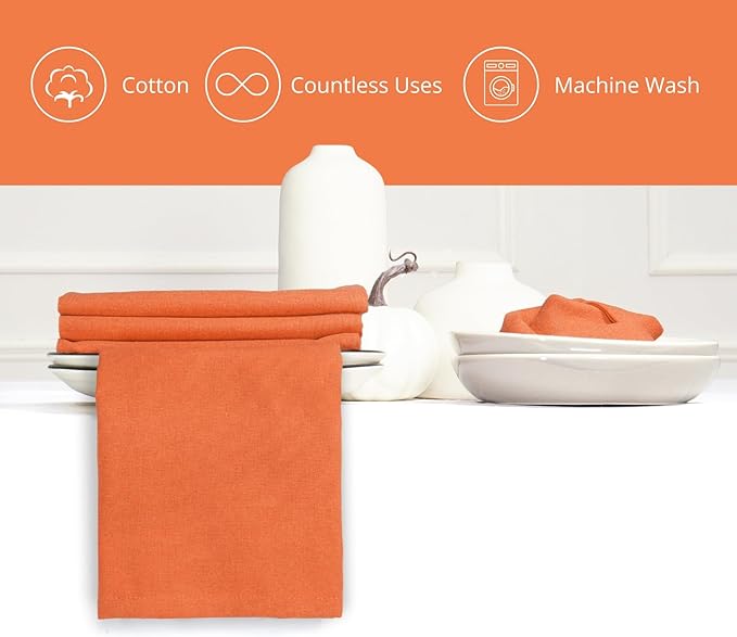 PurpleEssences Set of 6 Cloth Dinner Napkins 100% Cotton 18x18 Inch - Soft Durable Washable - Ideal for Farmhouse Party Christmas Holiday Winter - Perfect Everyday Use Table Linen - Orange