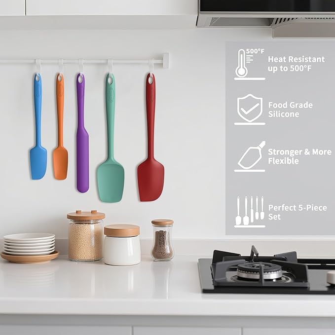 Coukre Silicone Spatula Set of 5,High Heat Resistant, Food Grade Silicone, Upgraded Extended Reinforced Handle,Dishwasher Safe, for Baking, Cooking (Pure Colorful B, Solid color)