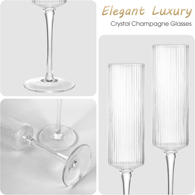 Topsky Ribbed Champagne Flutes Set of 2, 8 oz Crystal Champagne Glasses, Vintage Unique Ridged Design, Clear Mimosa Glasses, Cocktail or Wedding Toasting Glasses, Outer Stripe