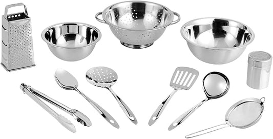 Vinod Stainless Steel Cookware Set 11-Piece, Kitchen Starter Set Includes Mixing Bowls Set, Stainless Steel Colander| Kitchen Food Strainer, 4-Side Grater, Serving Spoons, Ladle & Utility Tongs