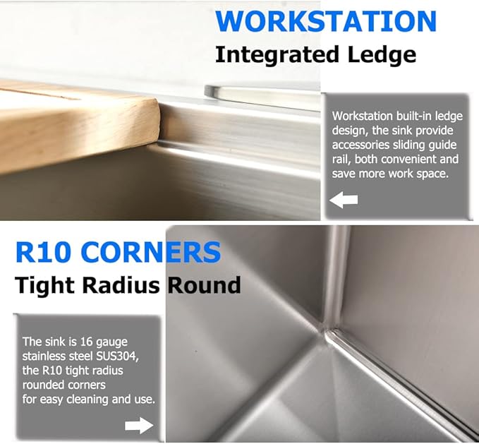 32-inch Undermount Workstation Kitchen Sink Single Bowl 16 Gauge Stainless Steel Kitchen Sink Handmade R10 Deep Basin