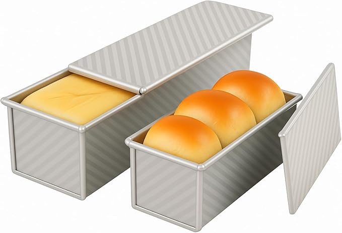 2-Pack Pullman Loaf Pan with Lid –Includes Two Size 13 * 5" & 8.4 * 4.8" Loaf Pan, Silver Textured Finish, Vented Bottom, Nonstick Bread Pan Set, Ideal for Sandwich Bread, Toast, Sourdough