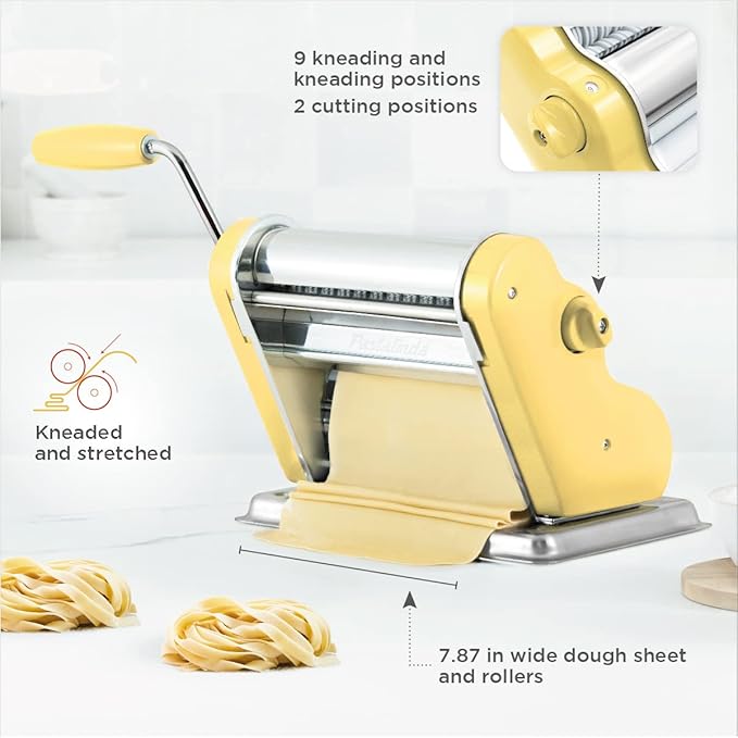 PASTALINDA Classic 200 Pasta Maker Machine, 20 cm Wide Rollers, 9 Thickness Positions, 2 Cutting Positions, Stainless Steel. Includes Reinforced Hand Crank And Two Clamps