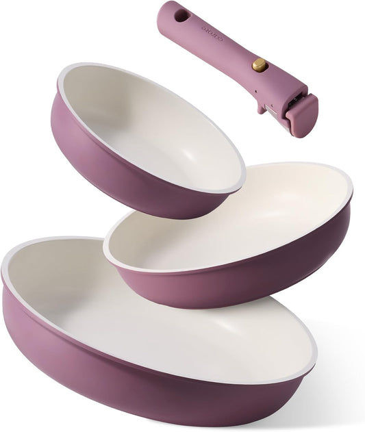 CAROTE Non Stick Frying Pans, 8"+10"+12” Frying Pan Egg Pan Omelet Pans with Detachable Handle, Stone Non Toxic Cookware, PFOA Free, Induction Compatible & Oven Safe, Dishwasher Safe, Purple