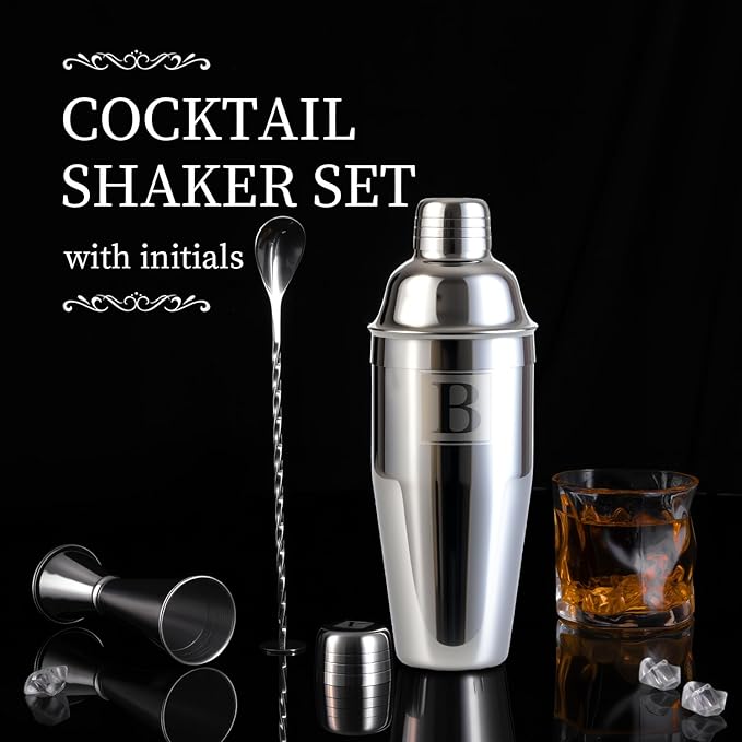24oz Cocktail Shaker Set with 1 oz 2oz Jigger - Monogramm Initials Martini Shaker Set - 304 Stainless Steel Bar Shaker for Margarita,Mojito-Personalized Gift for Friend,Husband-T