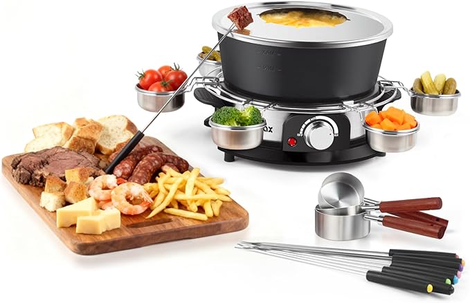 Cusimax 1300W Electric Fondue Set,2L Non-stick Pot Ideal for Melting Cheese,Chocolate,Oil,or Broth,Includes 8 Forks, 6 Food Cups,Removable Handle,and Measuring Cup for Enjoying Fondue Pot Parties