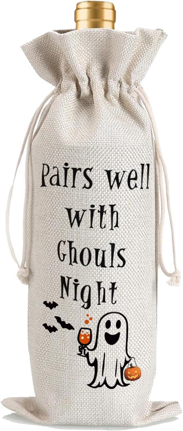 1Pcs Ghouls Night Gifts Wine Bag,Halloween Wine Bag,Happy Halloween Gifts Party Decorations for Women Menwith 1Pcs Kraft Blessing Cards and natural jute rope