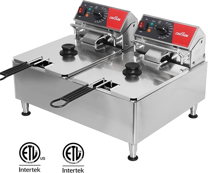 CROSSON ETL Listed Dual Tank 26Lbs Electric Deep Fryer with Solid Basket,Removable Oil Container and Height Adjustable Legs for Restaurant -120V,3600W Commercial Countertop Deep Fryer