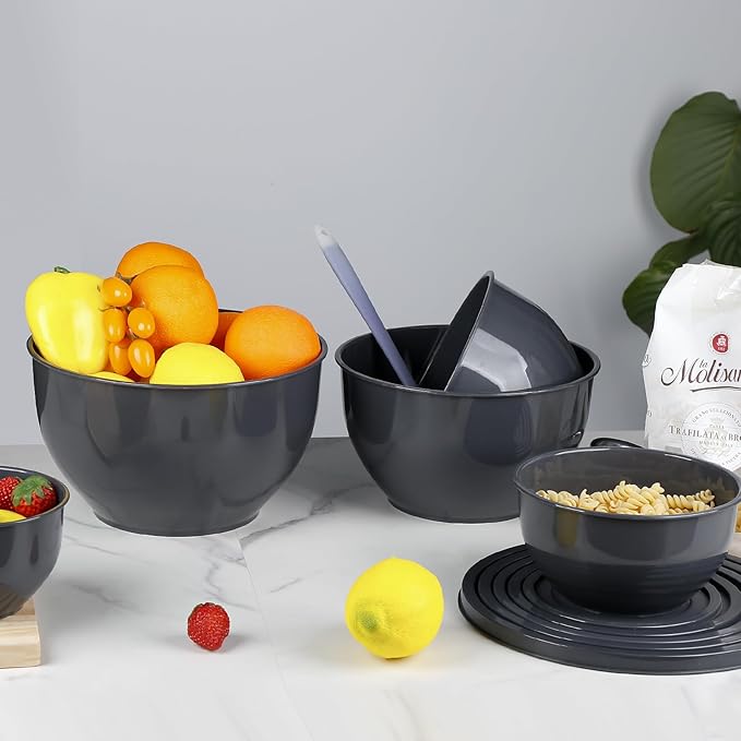 5-Piece Plastic Mixing Bowls with Lids Set for Kitchen, Nesting Bowls for Mixing, Baking, Prepping, Cooking and Serving Food, Grey Mixing Bowls Dishwasher, Microwave Safe, large