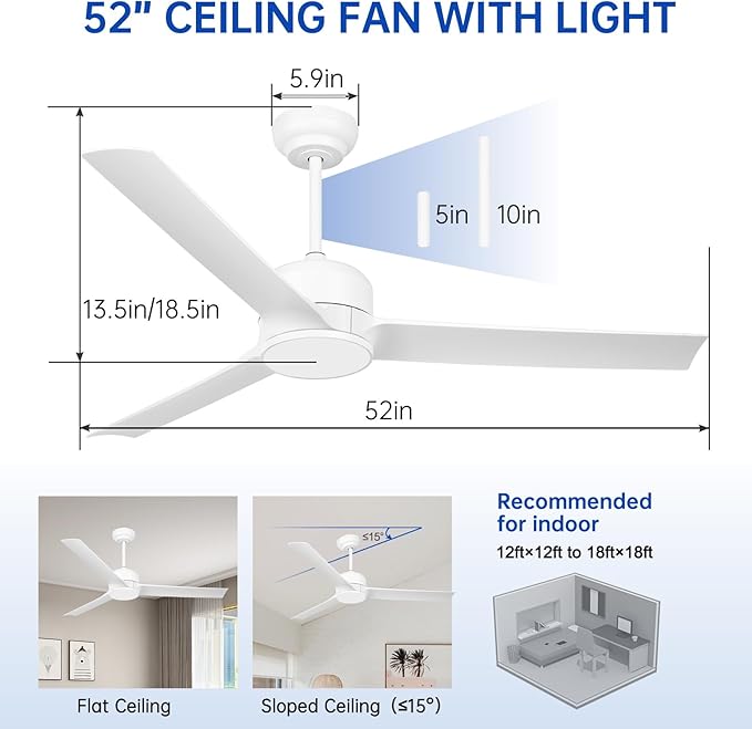 52 Inch White Ceiling Fan with Filters, Quiet DC Motor 3 Blade Ceiling Fan with Lights Remote Control, Dimmable 3 Colors LED/6 Speed High CFM for Home Kitchen/Living Room/Bedroom