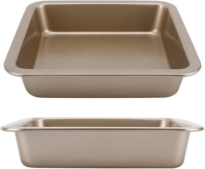 2Pcs Rectangle Cake Pan 8.9x8.9x1.8in (22.5x22.5x4.6cm) - Nonstick Baking Pans for Cakes, Brownies, Lasagna & Cookies, Even Heat Distribution, Dishwasher Safe(Gold)