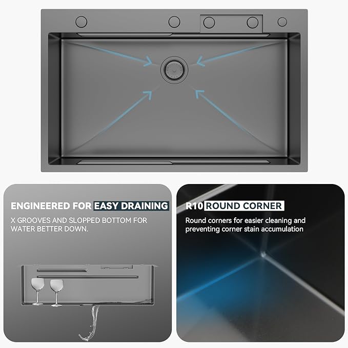 Lordear 36 Waterfall Kitchen Sink Drop In 36"x22" Workstation Gunmetal Black 16 Gauge Single Bowl Topmount Handmade Sinks with Pull Out Faucet,Glass Rinser Included