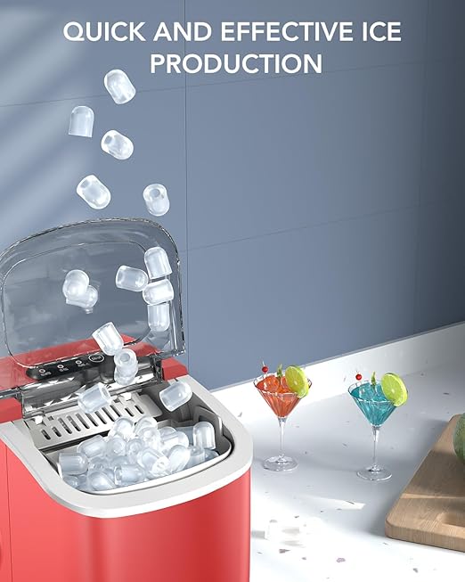 Ice Maker Countertop, Efficient Easy Carry Ice Machine, Self-Cleaning Ice Maker with Ice Scoop & Basket, 9pcs/ 8mins 26.6Lbs Per Day for Home/Office/Kitchen,RED