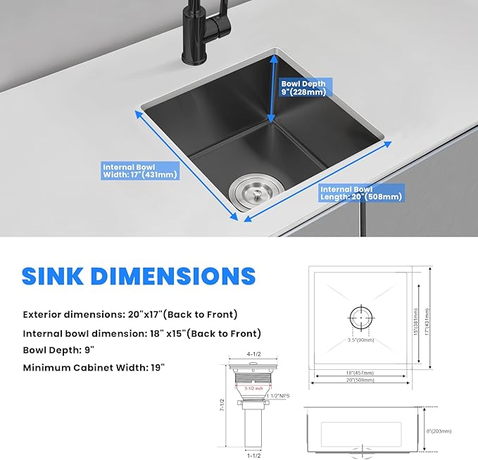POPFLY 20 Inch Undermount Kitchen Sink, 20×17 Inch 304 Stainless Steel Sink 18 Gauge Single Bowl 9 Inch Deep Bar Prep Small Sink with Sink Strainer, Black