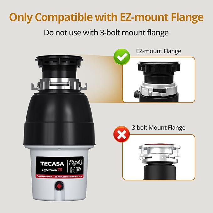 3/4 HP Corded Garbage Disposal for Kitchen Sinks, TECASA Continuous Feed Food Waste Disposer, Sound Reduction, Power Cord Included, Grey and Black - HyperCrush 75