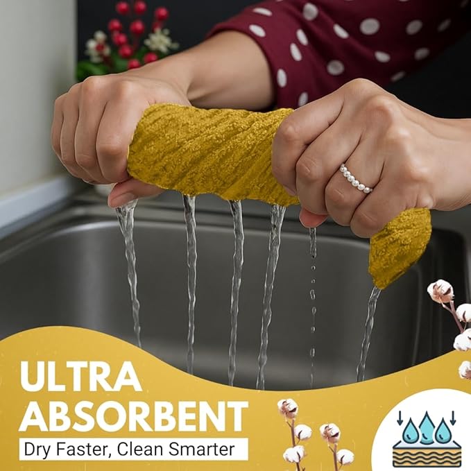 Infinitee Xclusives Premium Kitchen Towels – Pack of 3, 100% Cotton |15 x 25| Inches Absorbent Dish Towels - Terry Kitchen Dishcloth Towels - Yellow Dish Cloth for Household Cleaning