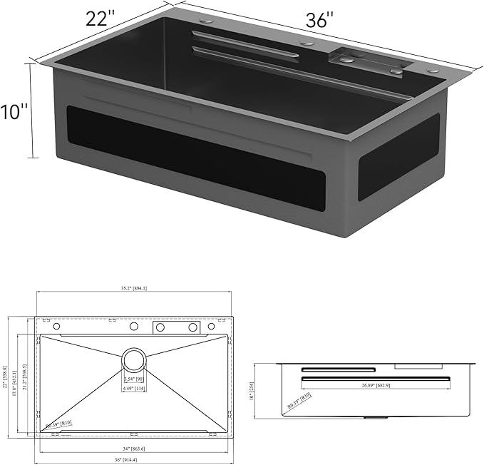 Lordear 36 Waterfall Kitchen Sink Drop In 36"x22" Workstation Gunmetal Black 16 Gauge Single Bowl Topmount Handmade Sinks with Pull Out Faucet,Glass Rinser Included
