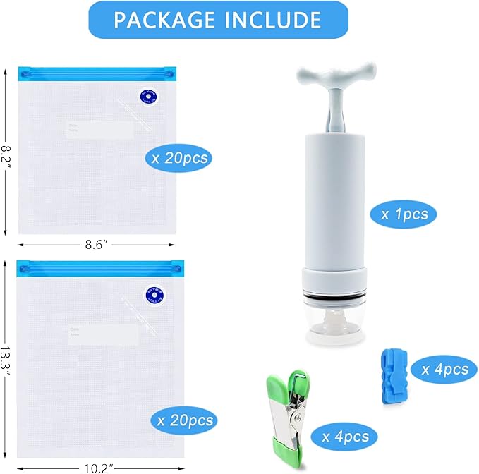 MOMODA Sous Vide Cooking Bags - Set of 40 | BPA-Free Reusable Vacuum Seal Bags with Air Valve for Joule and Anova Cookers | Freezer Safe Vacuum Food Storage Bags with Upgraded Hand Pump Included
