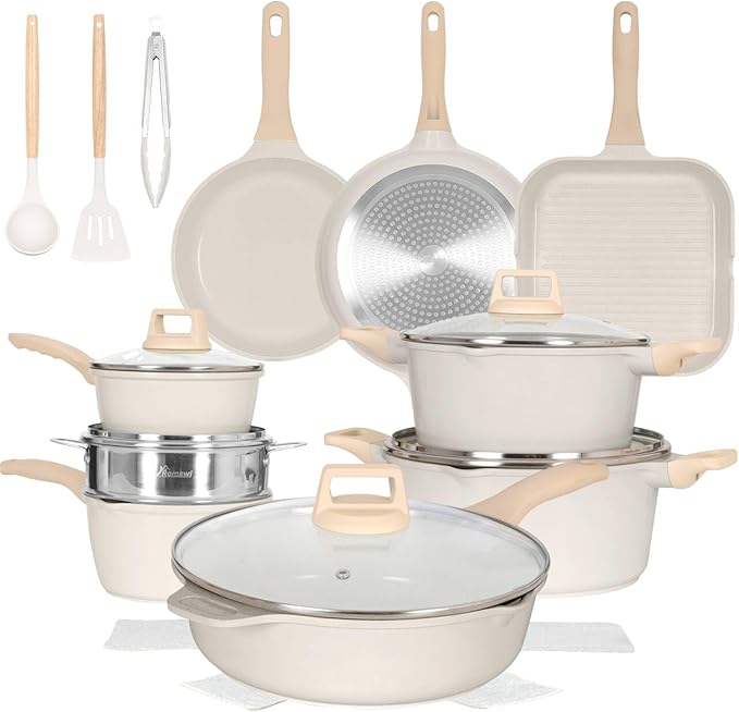 Romswi 23pcs Pots and Pans Set Non Stick, Kitchen Cookware Set with Casserole, Frying & Saucepans, Oven Safe & Stovetop Agnostic Non Toxic Cookware(Gas, Electric & Induction) - White