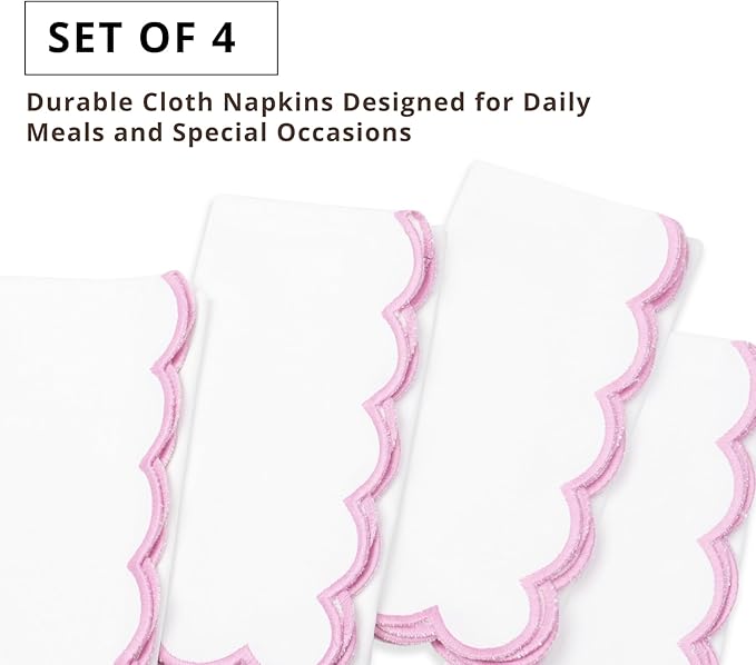 PurpleEssences Scalloped Embroidery Cloth Napkins Christmas Holiday Winter Table Decor 100% Cotton Set of 4-18 x 18 inch - White - Edges - Blush Pink