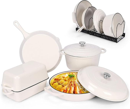 QuliMetal Enameled Cast Iron Cookware Set, 5-Piece – 2.3QT Dutch Oven, 4.7QT Braiser, 10" Skillet, 9x5" Oval Bread Pan & Rack – Versatile Oven-Safe Enamel Cast Iron Pots and Pans for Home Cooking