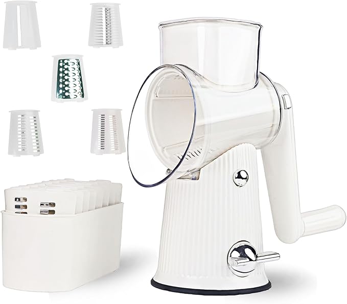 TOPAA Rotary Cheese Grater with Handle Vegetable Shredder with 5 Blades, Round Mando line Slicer and Food Chopper for Kitchen (White)