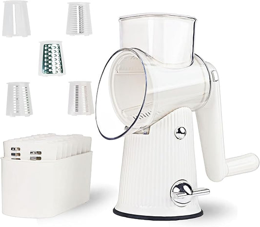 TOPAA Rotary Cheese Grater with Handle Vegetable Shredder with 5 Blades, Round Mando line Slicer and Food Chopper for Kitchen (White)