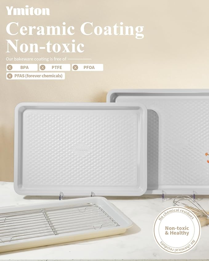 Nonstick Ceramic Baking Sheet With Rack, 3-Pack Half/Jelly Roll/Quarter Sheet Pan, Non-Toxic, PTFE & PFOA Free, Warp-Free, Oven Safe 550°F, Dishwasher Safe, Aluminized Steel, Gray Yellow