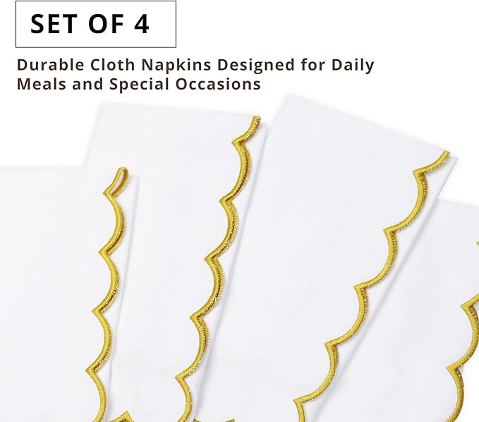 PurpleEssences Scalloped Embroidery Cloth Napkins Christmas Holiday Winter Table Decor 100% Cotton Set of 4-18 x 18 inch - White - Edges - Gold