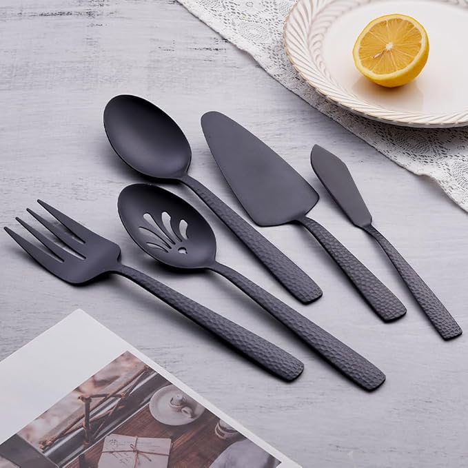 Stainless Steel Large Serving Set, Matte Black - 5-Piece Set Includes Spoon, Slotted Spoon, Fork, Pie Server and Butter Knife